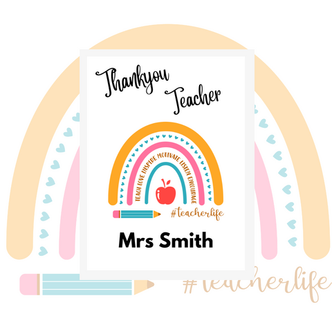 Teacher Thank You Bright White A6 card - word rainbow - HartandDesign