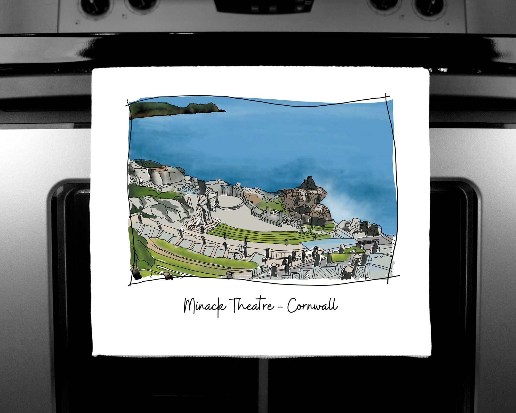 Art of Cornwall - Luxury handprinted teatowel, Minack Theatre, Cornwall, Cornish Gift - HartandDesign