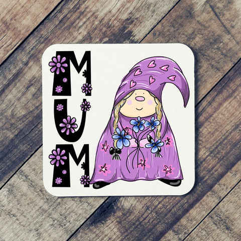 Mothers Day Gnome Coaster, High Gloss White, Designer drawn and handprinted - HartandDesign