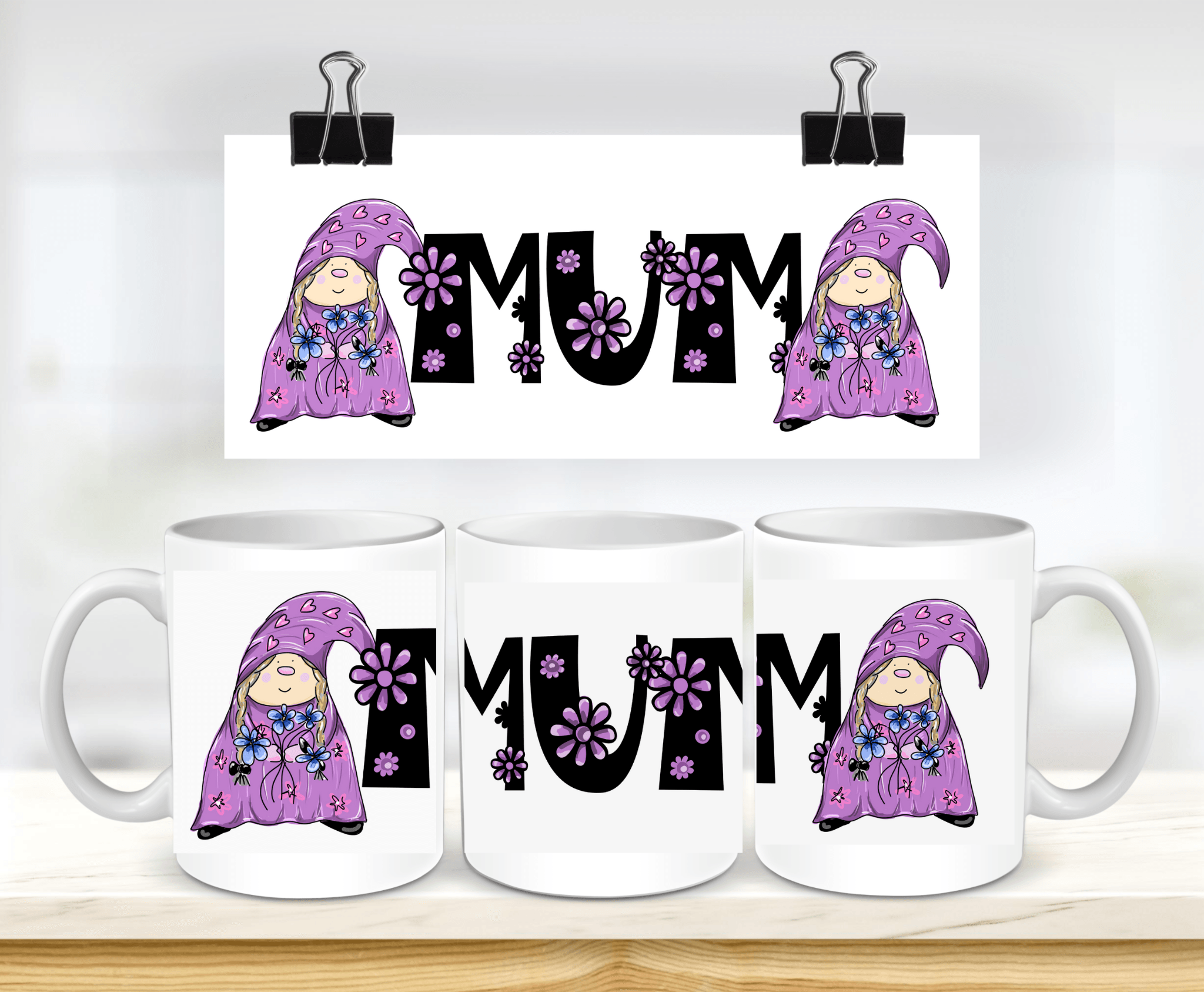 Mothers Day Gnome Mug - White ceramic mug - designer drawn and handprinted - HartandDesign