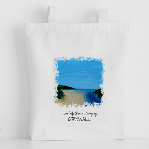Art of Cornwall - Luxury canvas tote bag, Crantock Beach, Newquay, handprinted in Cornwall- Cornish Gift - HartandDesign