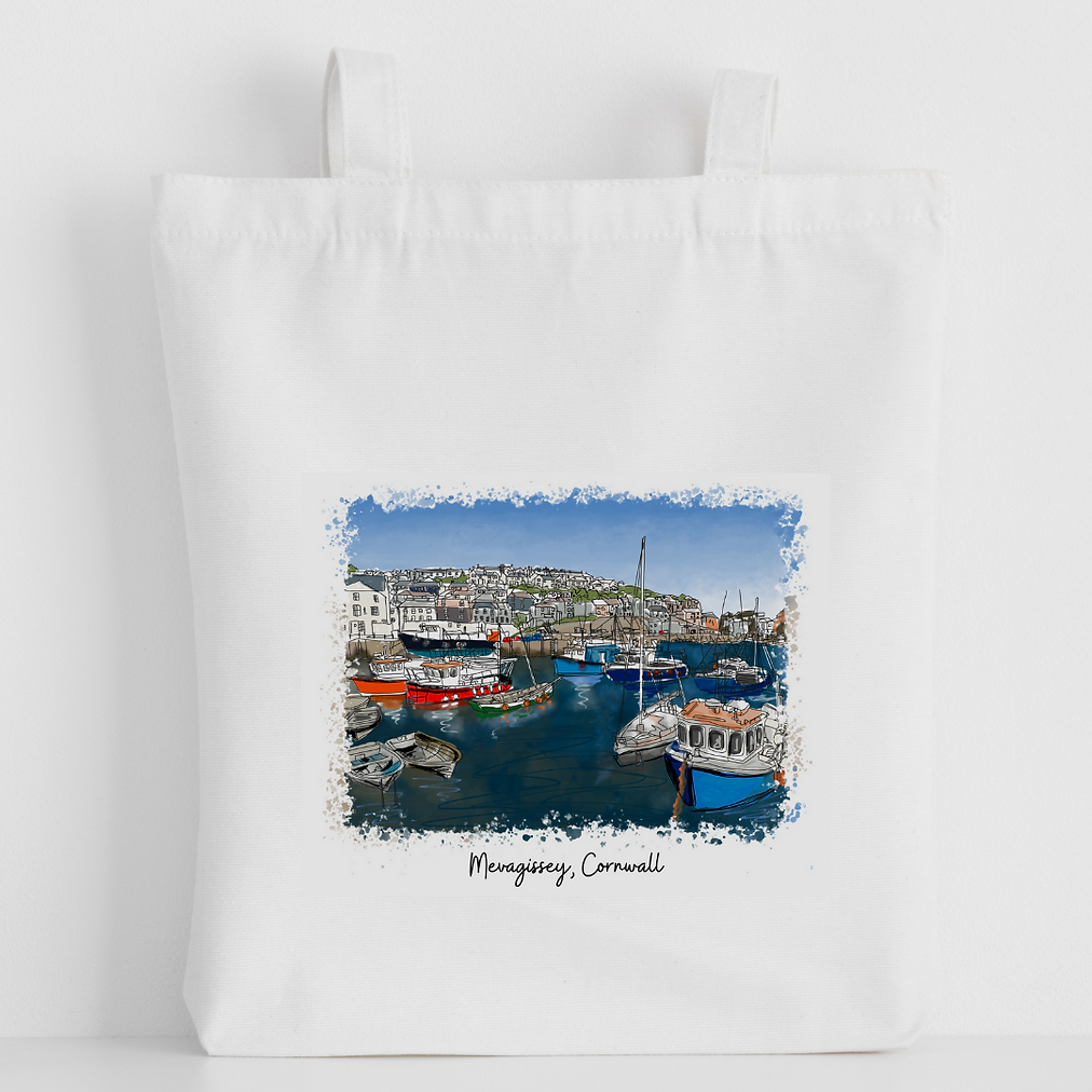 Art of Cornwall - Luxury canvas tote bag, Mevagissey Painting, handprinted in Cornwall - Cornish Gift - HartandDesign