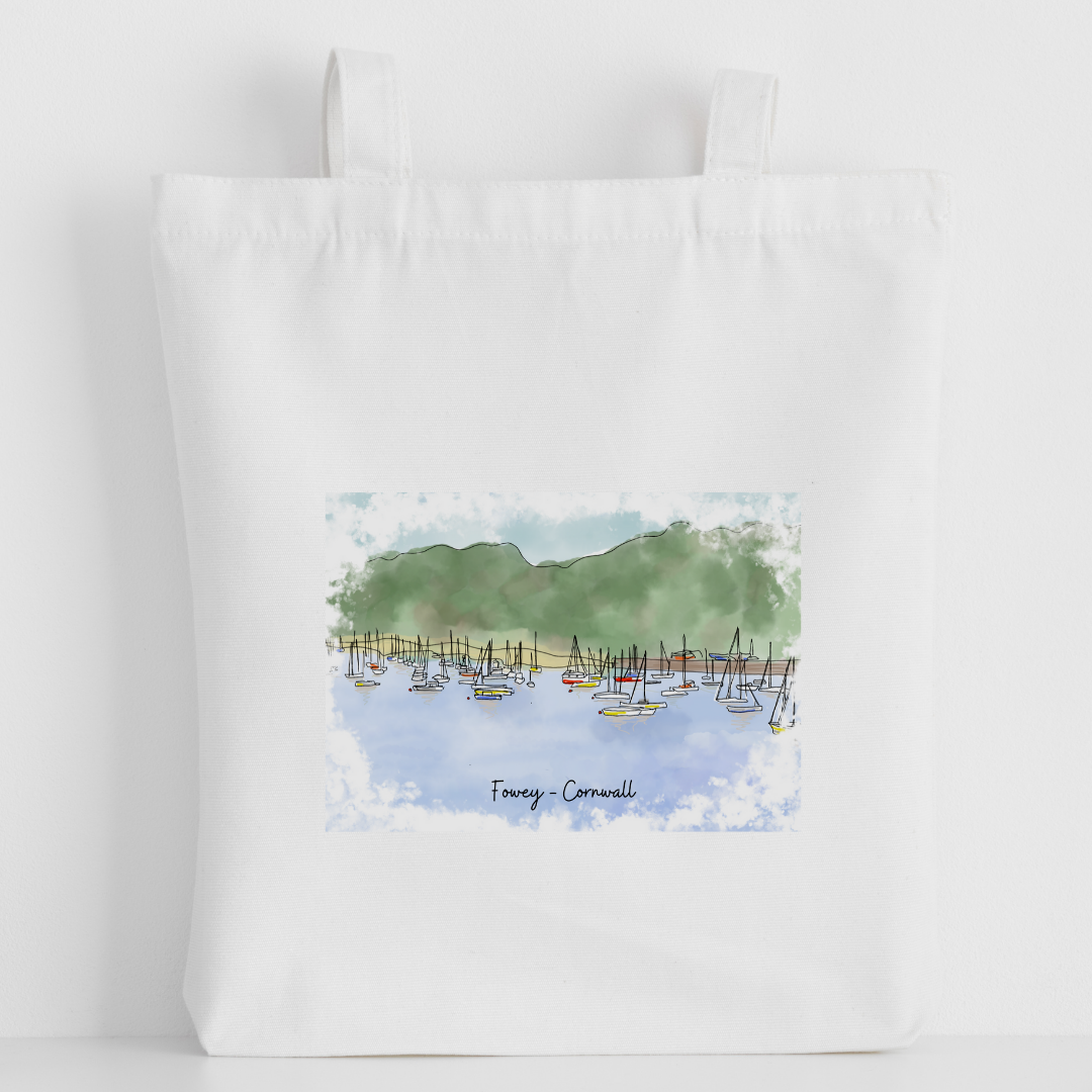 Art of Cornwall - Luxury canvas tote bag, Fowey (many boats), handprinted in Cornwall - Cornish Gift - HartandDesign