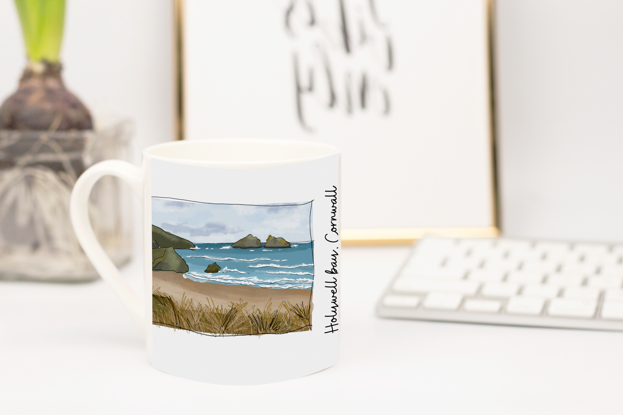 Art of Cornwall, Bone china mug, Holywell Bay, Newquay, Cornwall - HartandDesign