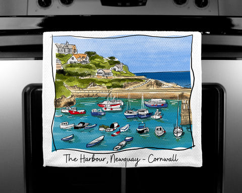 Art of Cornwall - Luxury handprinted teatowel, The Harbour, Newquay, Cornwall - HartandDesign