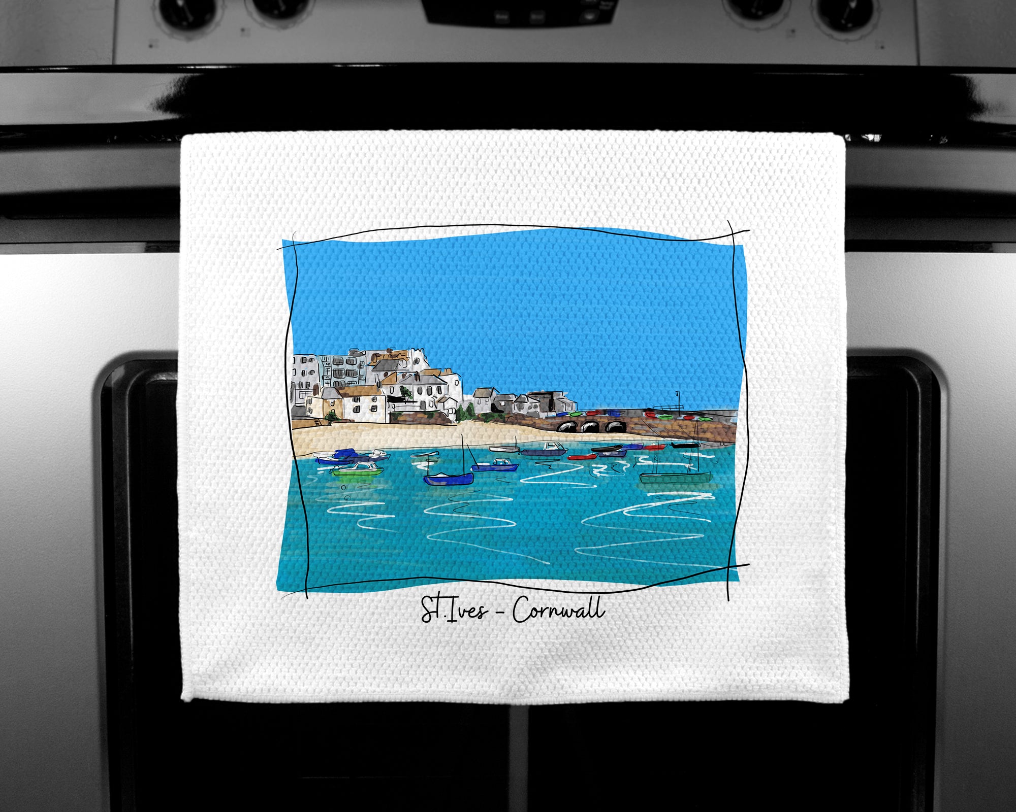 Art of Cornwall - Luxury handprinted teatowel, St.Ives, Cornwall - HartandDesign