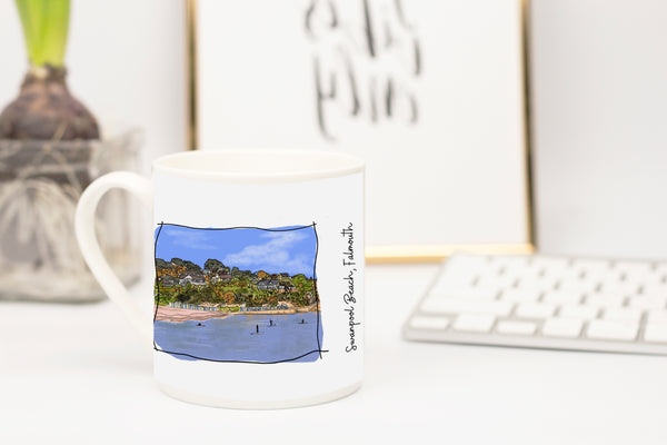 Art of Cornwall, Bone china mug, Swanpool Beach, Falmouth, Cornwall - HartandDesign