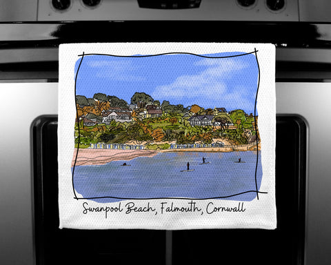 Art of Cornwall - Luxury handprinted teatowel, Swanpool Beach Falmouth, Cornwall - HartandDesign