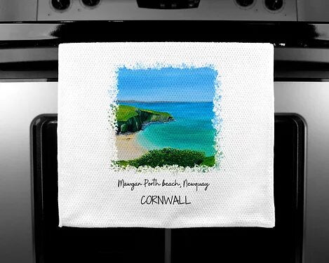 Art of Cornwall - Luxury handprinted teatowel, Mawgan Porth, Newquay, Cornwall (abst - HartandDesign