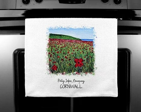 Art of Cornwall - Luxury handprinted teatowel, Polly Joke Poppies, Cornwall - HartandDesign