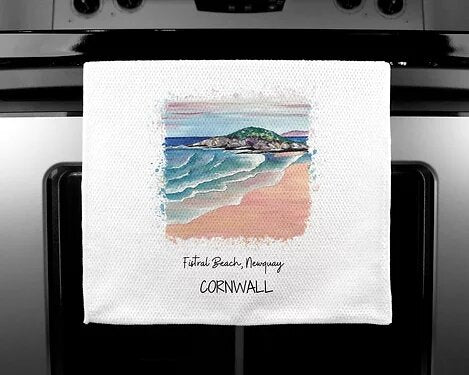 Art of Cornwall -Luxury handprinted teatowel, Fistral beach, Newquay, Cornwall (abstract) - HartandDesign