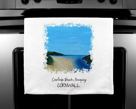 Art of Cornwall - Luxury handprinted teatowel, Crantock Beach, Newquay, Cornwall - HartandDesign