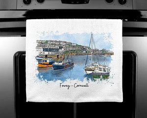 Art of Cornwall - Luxury handprinted teatowel, Fowey (foweyscape), Cornwall - HartandDesign