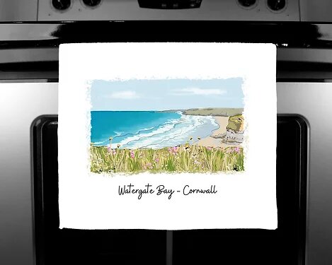 Art of Cornwall - Luxury handprinted teatowel, Watergate Bay Painting, Cornwall - HartandDesign