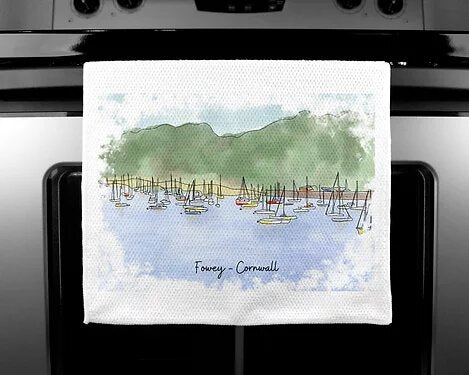 Art of Cornwall - Luxury handprinted teatowel, Fowey (many boats), Cornwall - HartandDesign