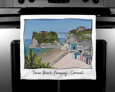 Art of Cornwall - Luxury handprinted teatowel, Towan Beach, Newquay, Cornwall - HartandDesign