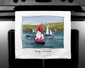 Art of Cornwall - Luxury handprinted teatowel, Fowey , Cornwall - HartandDesign