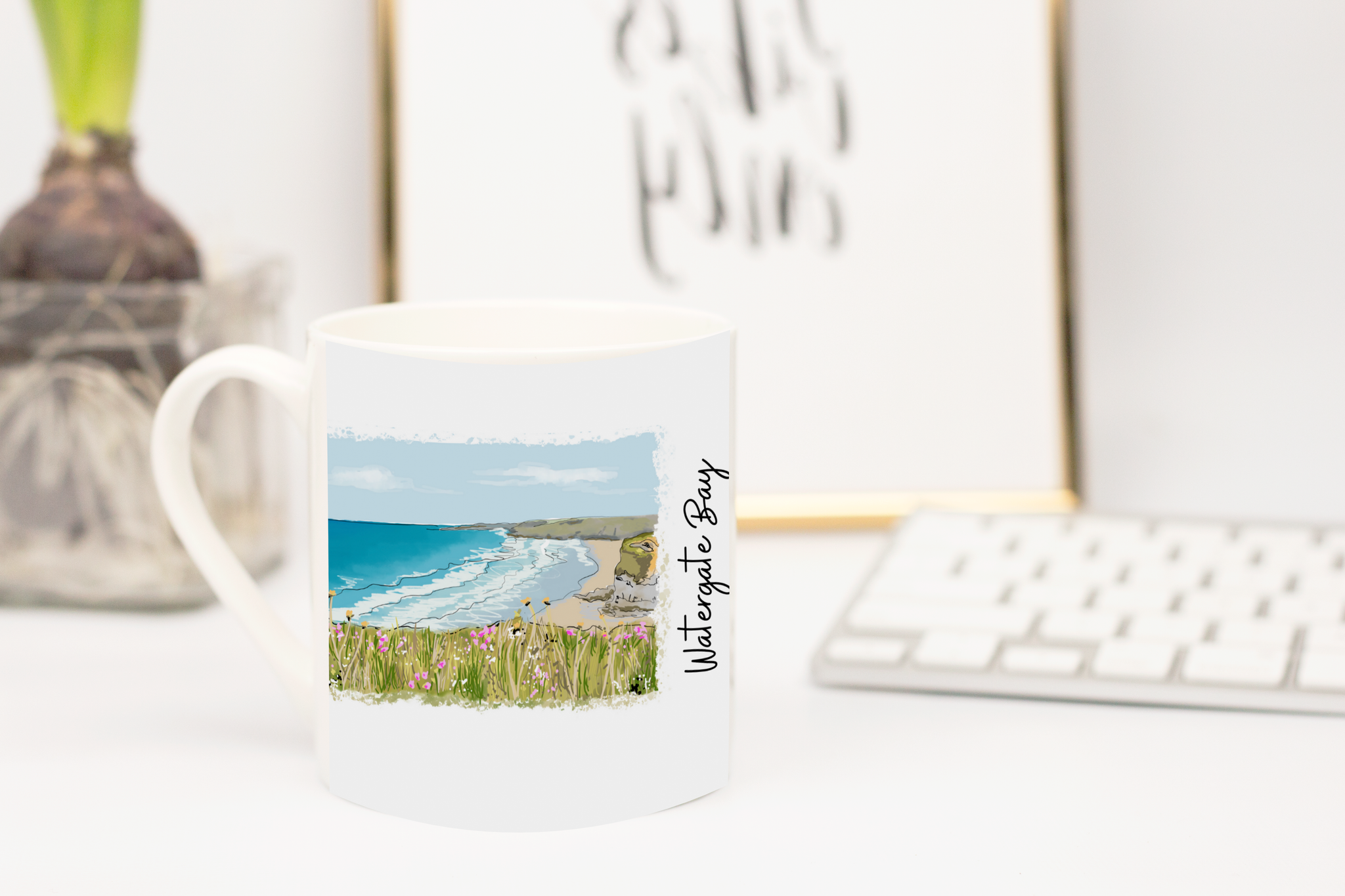 Art of Cornwall, Bone china mug, Watergate Bay Painting, Newquay, Cornwall - HartandDesign